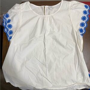 J. Crew Cream Blouse with Blue Floral Embroidery